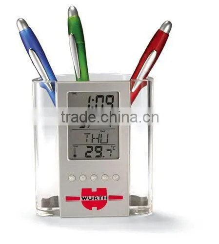 Plastic Transparent Multifunctional Pen Holder Calendar Timer Thermometer Clock photo-6