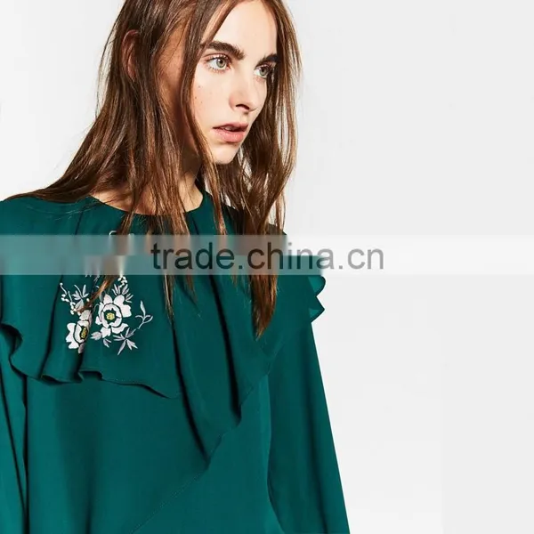 Emboridered Bottle Green Long Sleeve Chiffon Women Loose Shirts photo-4