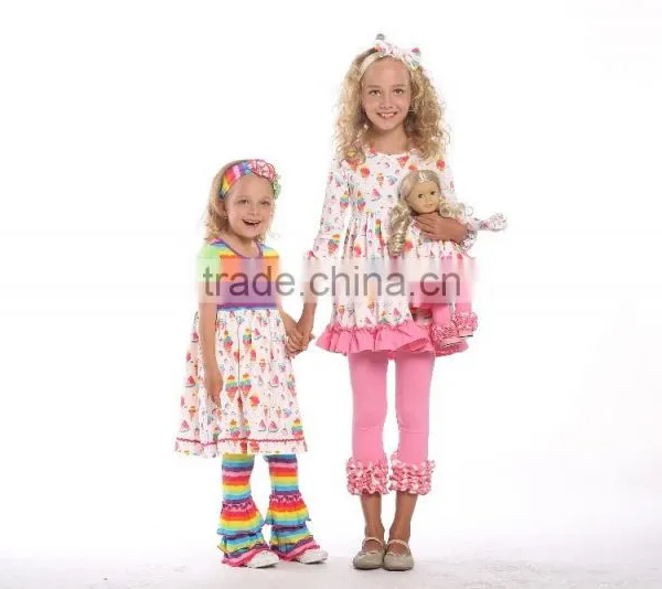 Wholesale Girls Ruffle Sleeve Raglan Fashion Printed Icing Ruffle Raglan Shirt and Pants Girls Clothes Set photo-3