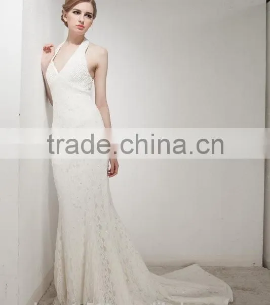 Mermaid Halter Neck Court Train With Elegant Lace Wedding Dress AS30602 photo-3