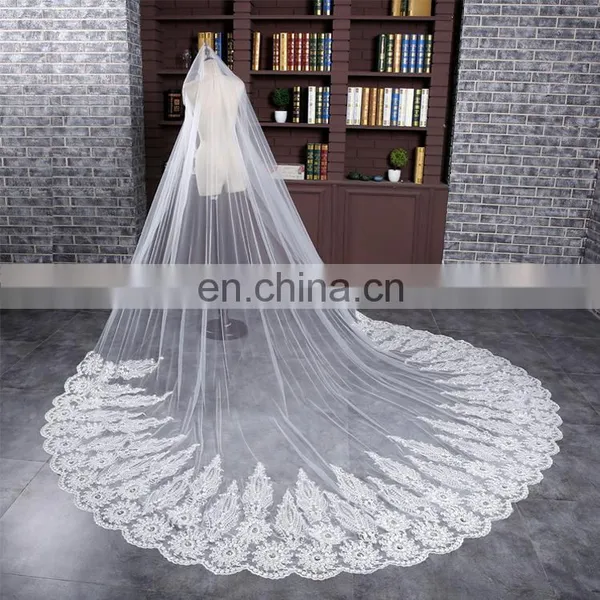 HSP1703 White 3 Meters Long Bridal Veils 1 Tier Layer Vintage Wedding Accessories Wedding Veil Lace Appliques photo-2