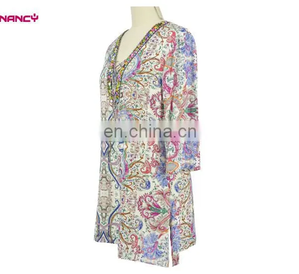 Elegant Women Tile Print Fashion Beaded Neck Tunic Design for Women Over 50 photo-2