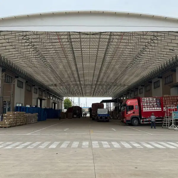 Installation of electric retractable awnings in the middle of factory building passages, renderings of outdoor cantilevered electric sliding canopies