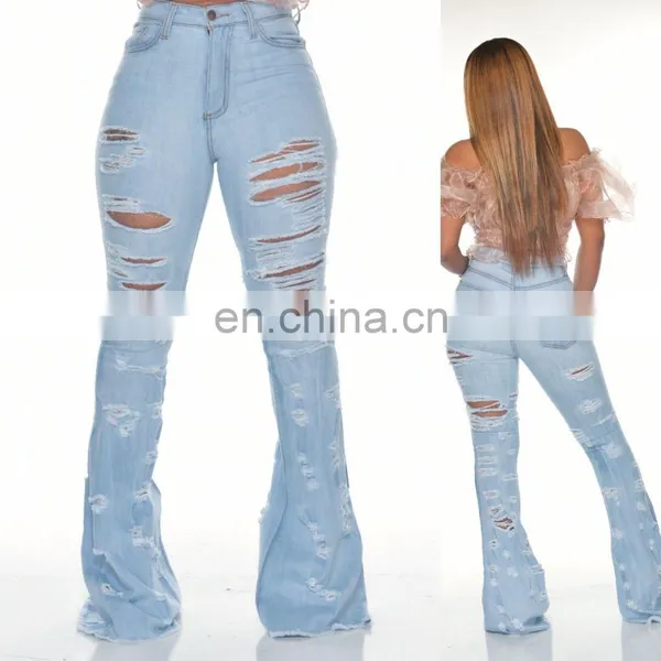 LAITE TR2012 Wholesales Custom New Fashion Broken Hole Straight Edge Women Casual Flare Jeans photo-4