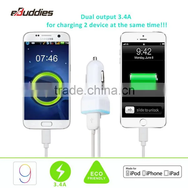 Car Charger EBuddies MFI Certified 3.4A Dual Output Car Charger With 4ft Cable for IPhone 6 5 7 SE photo-4