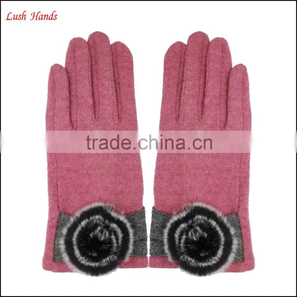 Ladies Pink Woolen Gloves With Rabbit Fur Ball photo-2