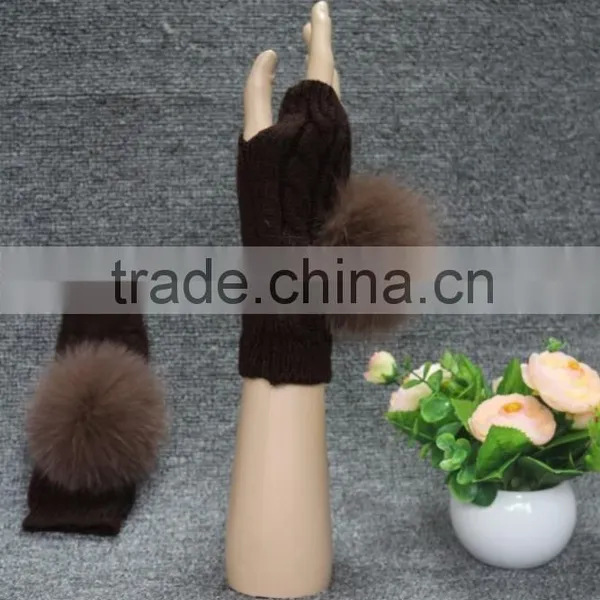 Ladies Knitted Hand Gloves Custom Style Fox Fur Pompom Women Wool Knit Winter Gloves photo-2