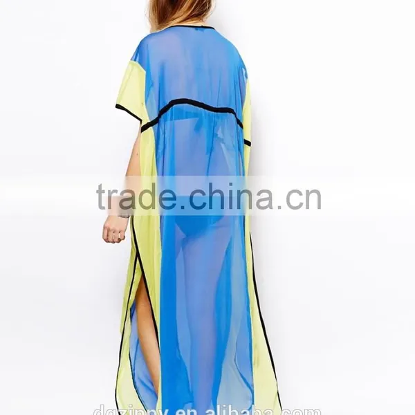 Self-tie Color Block Beach Kaftan Dress Long Chiffon Kaftan photo-3