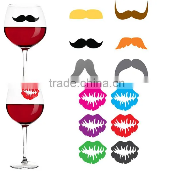 2016 Perfect Party Drink Funny Moustache Kiss Wine Glass Marker,silicone Glass Marker