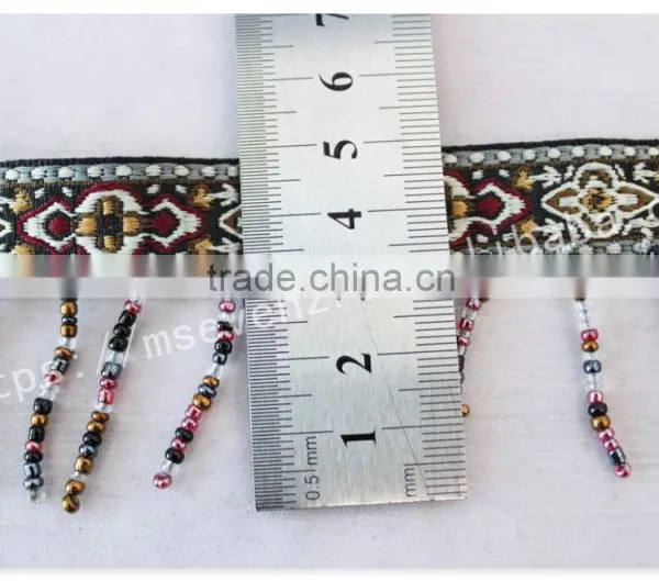 Newest Design 5 cm Width Ethnic Embroidery Nylon Webbing With Beaded Fringe photo-2