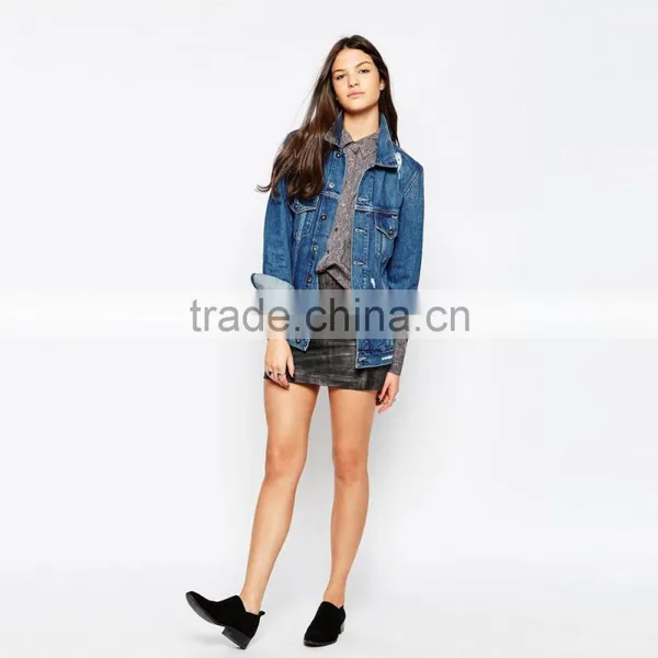 Long Style Young Girl Ripped Denim Jacket Women Cheap photo-4