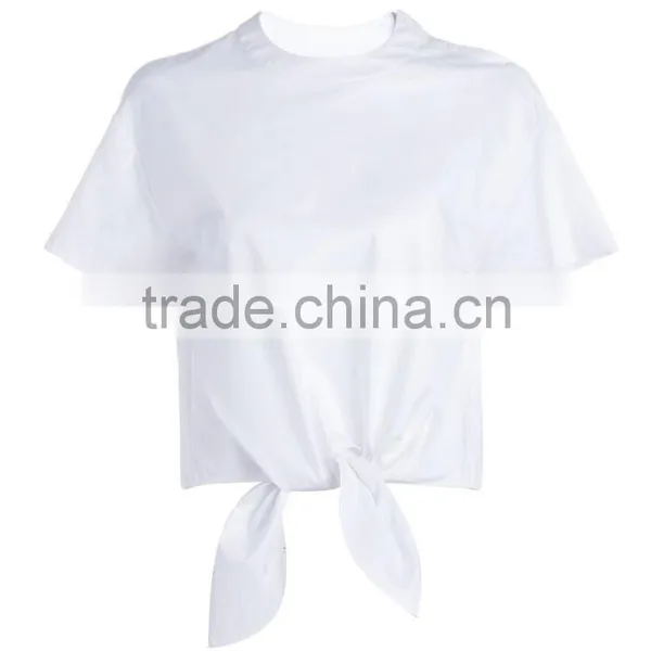Ladies White Shoulder Snap Button Short Sleeve Woven t Shirt With Front Bow photo-2