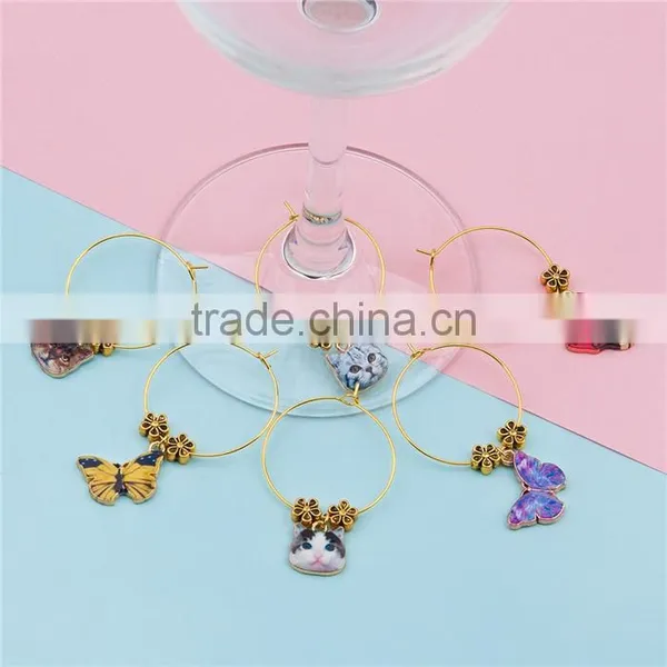 Hoop Earrings Gold Plated At Random Enamel Animal Flower Wine Glass Marker photo-2