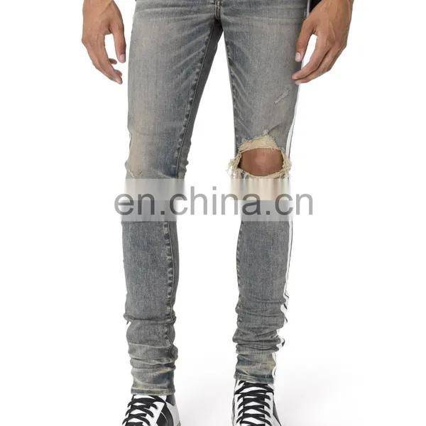DiZNEW Dirty Indigo White Side Broken Track Ripped Denim Jeans Men photo-4
