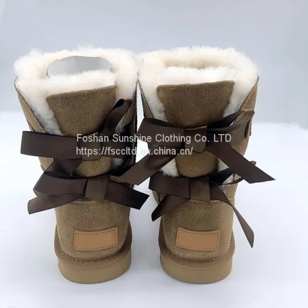 Fashion Ladies Cute Bow Design Sheepskin Baby Fur Boots Kids Ribbon Boots for Snow