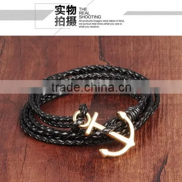 Multilayer Handmade Woven Leather Bracelet Stainless Steel Gold Boat Anchor Alloy Charms Man Anchor Bracelets photo-4