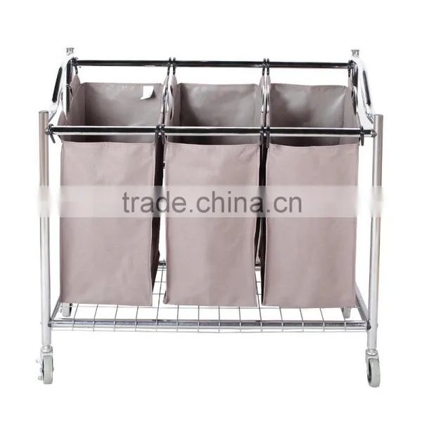 Silver Grey Coated 3-Section Heavy-Duty Steel Rolling Laundry Sorter/Cart photo-2