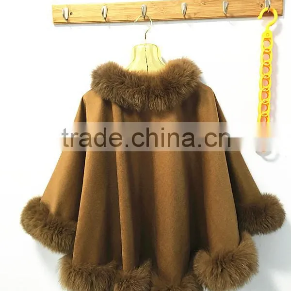 OEM Women Wholesale Hebei Camel Cashmere and Fox Fur Trim Cape photo-2