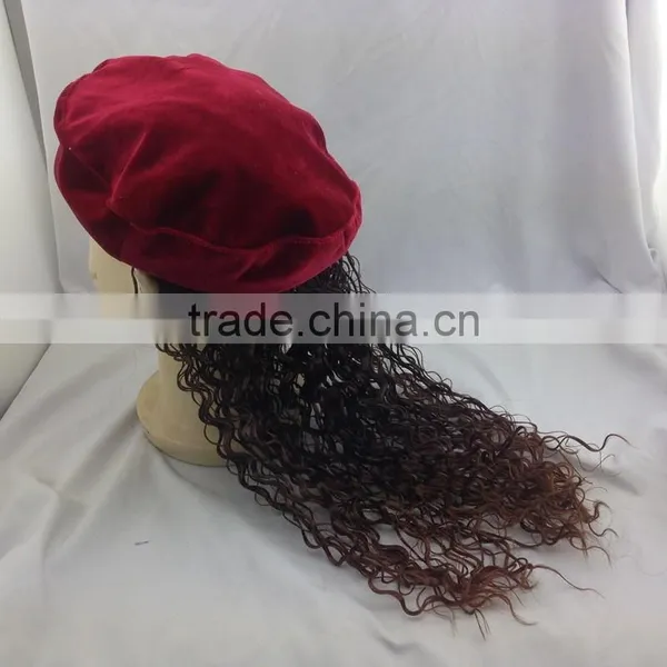 Children Red Beret With Wig Kid Girl Cap With Periwig photo-3