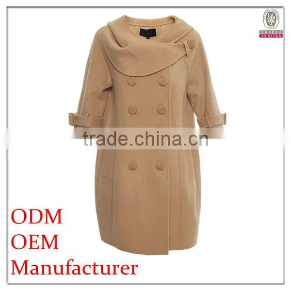 OEM Factory New Arrival Middle Sleeve Cuff Tab Design Women Wool Coat