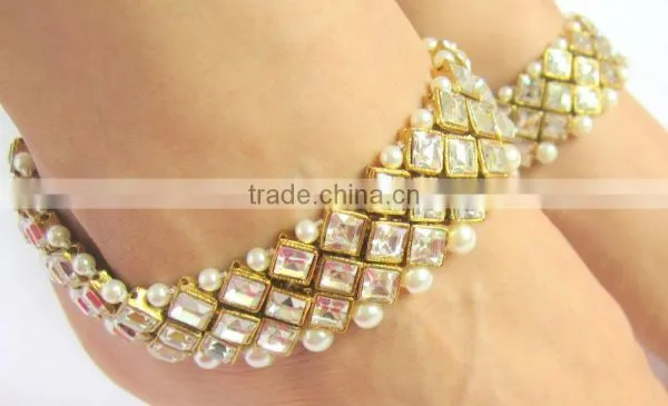 GOLD Tone Crystal PEARLS PAYAL Anklets Pair photo-3