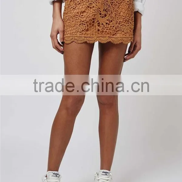 Wholesale OEM Services Crochet Mini Skirt For Ladies Lace Brown Mini Skirts With Wide Stretch Waistband photo-4