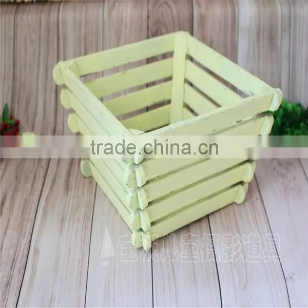 Vintage Yellow Wooden Slat Bed Photography Props Newborn Wood Bowl Basket photo-2