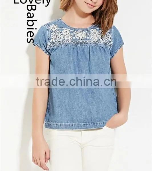 Modern Girls Tops 2016 Fancy Embroidery Floral Denim Kids Top
