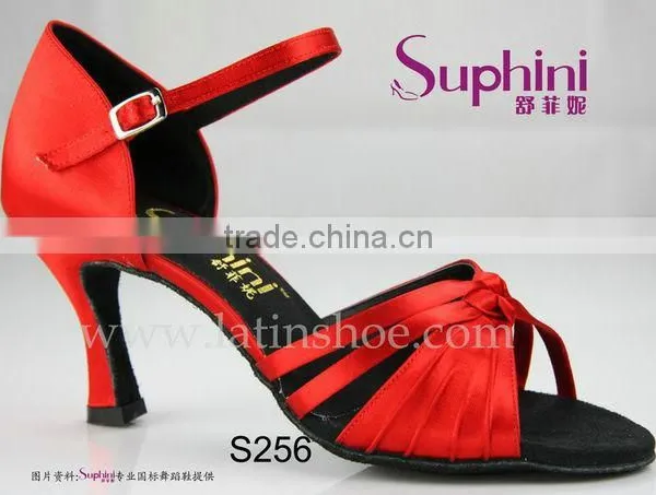 Suphini Ladies Red Satin Black Leather Sole Dance Latin Shoes Wholesale photo-2