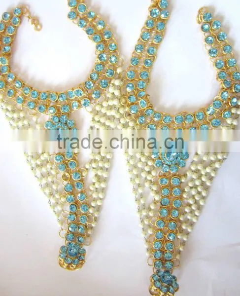 Gold Blue Crystal Pearl Anklets Toe Ring Barefoot Sandal PAYAL photo-2