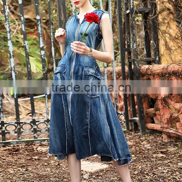 Maxnegio Midi Denim Sleeveless Design Jeans Dress photo-3