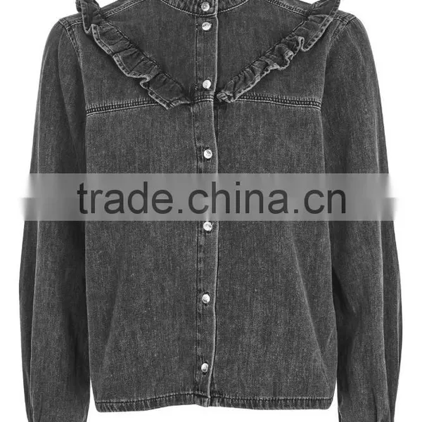 Ladies Fashion 100% Cotton Colored Blouse Frill Denim Shirts photo-4