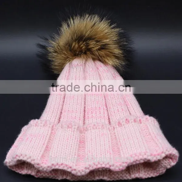 Factory Supply 2016 Thicken Woman Knited Beanie Hat With Large Size 15 cm Raccoon Fur Poms Wool Caps photo-4