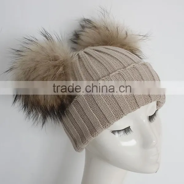 Myfur Cute Double Raccoon Fur Pom Poms Attached Ribbed Knitting Hat Wholesale photo-3