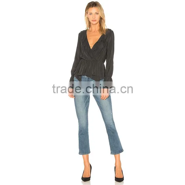 Frilled Wrap Design Chic Long Sleeve Black Peplum Blouse for Women photo-6