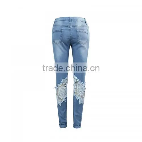 High Waist Girls Jeans Hollow Lace Patchwork Light Blue New Women Sex Pants photo-6