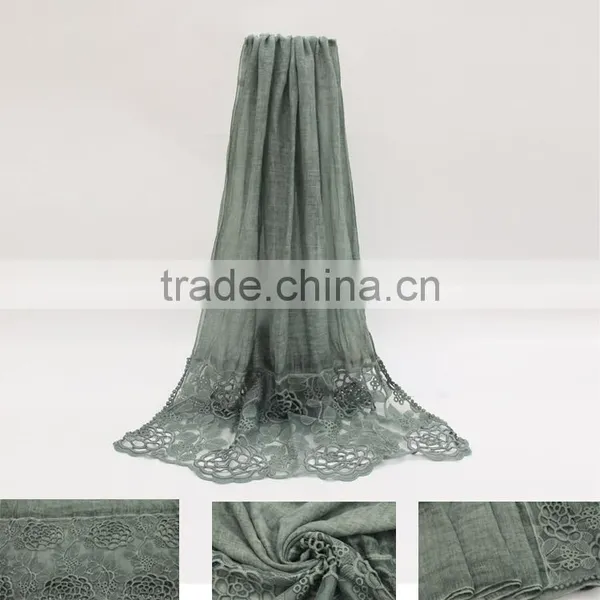 New Fashion Concise Style Plain Dyed Linon Viscose Thin Flower Lace Trim Ribbon Hijab Scarf photo-2