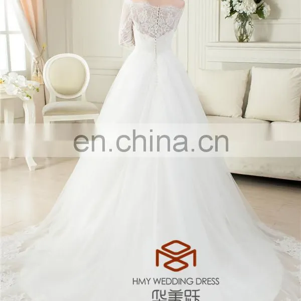OEM Supply Muslim Long Sleeve Real Pictures Wedding Gown HMY-RP001 New Arrivals White Lace Appliques A Line 2015 Wedding Dress photo-5