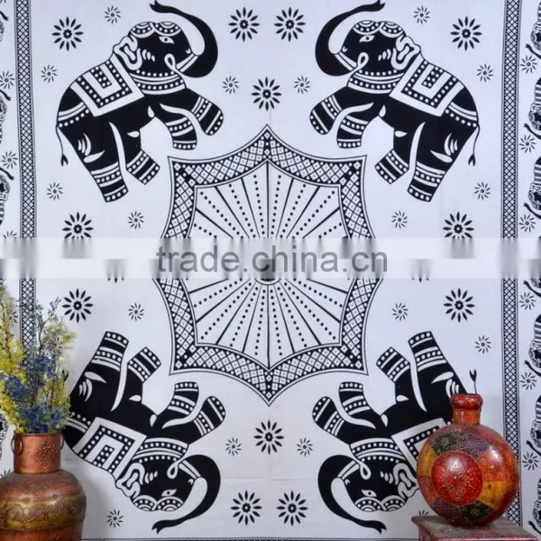 Indian Tapestry Cotton Black-White Mandala Elephants Vintage Wall Hanging Tapestries Throw Bedsheet photo-2