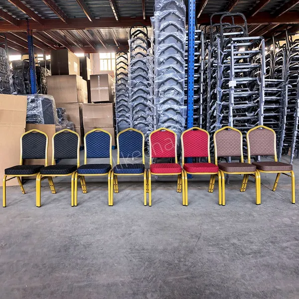 Stackable Banquet Chairs for Wedding Hotel Golden Metal Frame Diamond Dot Fabric Cushion Seat