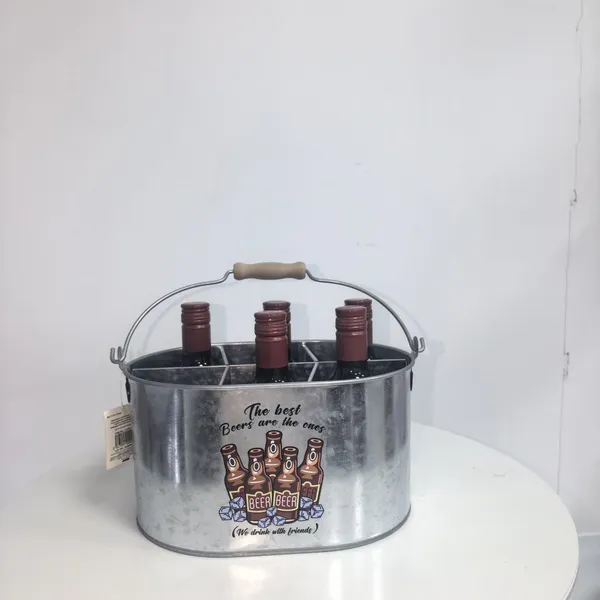 Galvanized Metal Beer Caddy With Wooden Grip Handle, 6 Bottle Divided Wine Carrier Bucket for Party