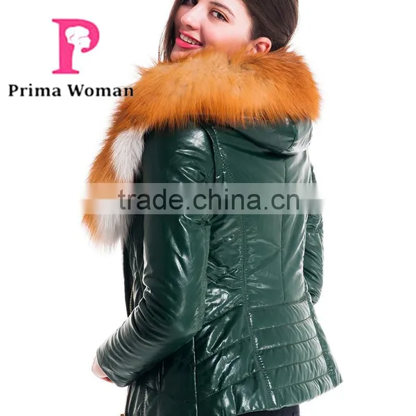 New Design Winter Women Short Slim Fit Leather Jacket With Red Fox Hat Overcoat photo-4