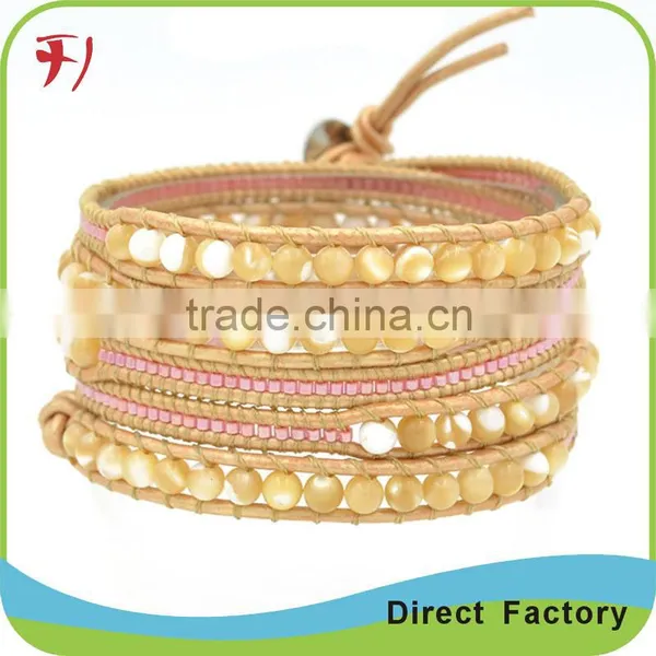 Gold And Orange Mix Beads On Natural Brown Leather Wrap Bracelet