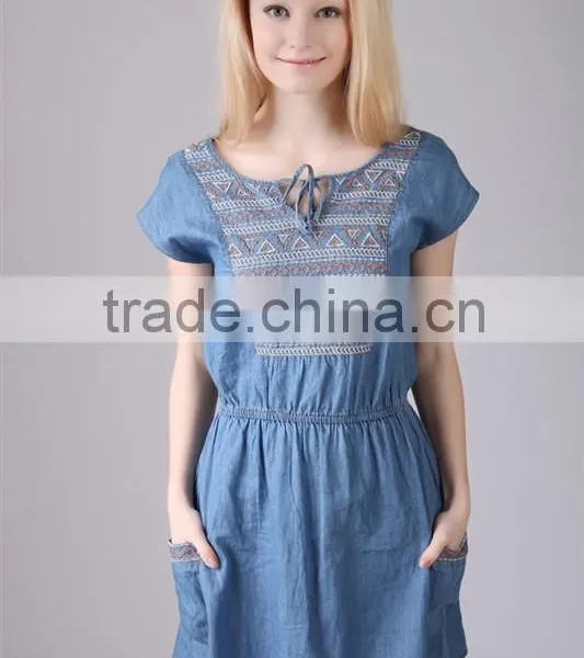 2015 Fashion High Quality Most Fashion Short Sleeve Denim Halter Dress For Women Ladies Europe Casual Dress Women Dresses photo-2