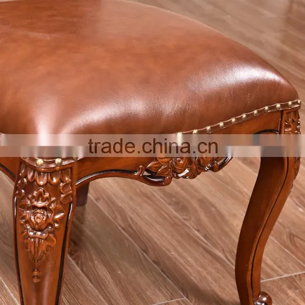 Exquisite European Carving Rubber Wood Genuine Leather Dining Chair in Brown photo-4
