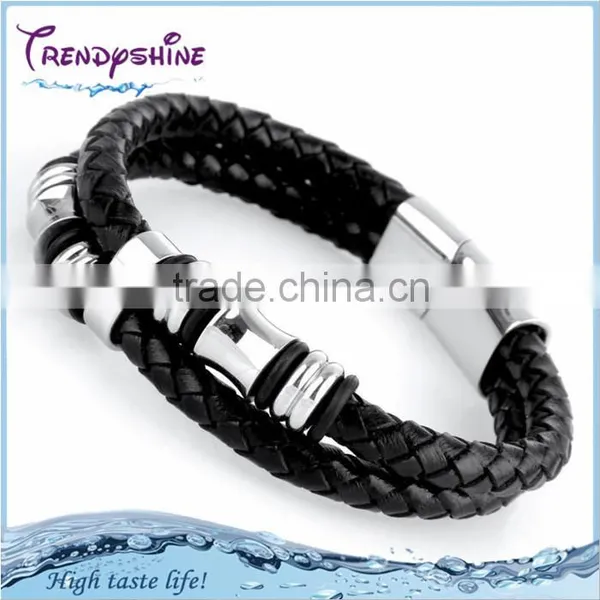 OEM Manufacturer Men's Stainless Steel Black Magnetic Wrap Leather Bracelet