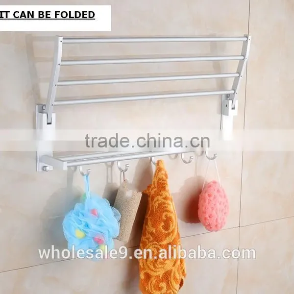 TOWEL RACK SHELF PREMIUM ALUMINUM SILVER FOLDED BATH WITH 5 HOOKS SHELF WASHCLOTH HOLDER