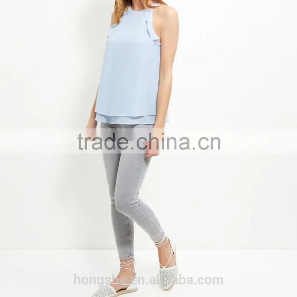 2016 Latest Pale Blue Frill Trim High Neck Halter Cami HST8041 photo-2