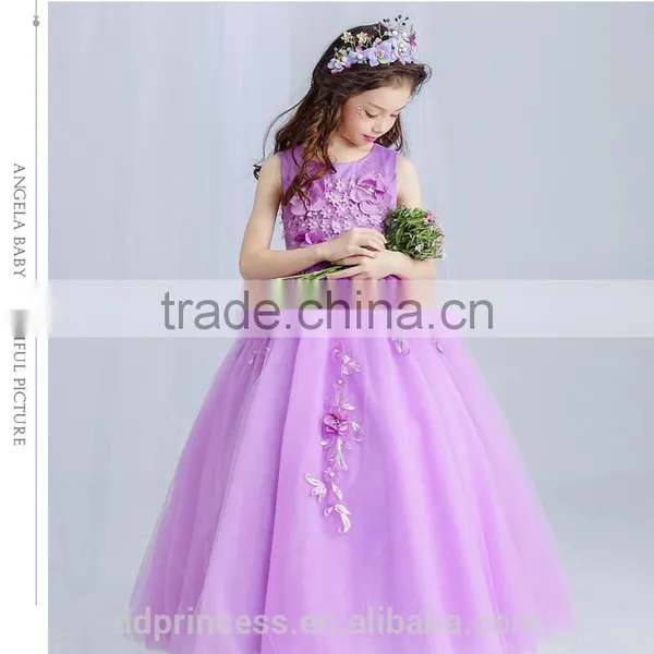 New Arrival Violet Ball Gown Tulle Girls Long Wedding Dress Sleeveless Embroidery Flower Handmade Beaded Purple Prom Party Dress photo-5