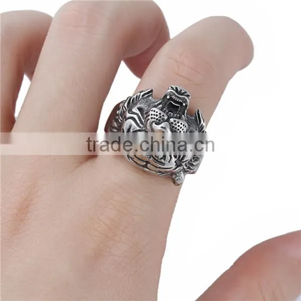 Titanium Steel Unadjustable Rings Antique Silver Tiger Animal photo-3
